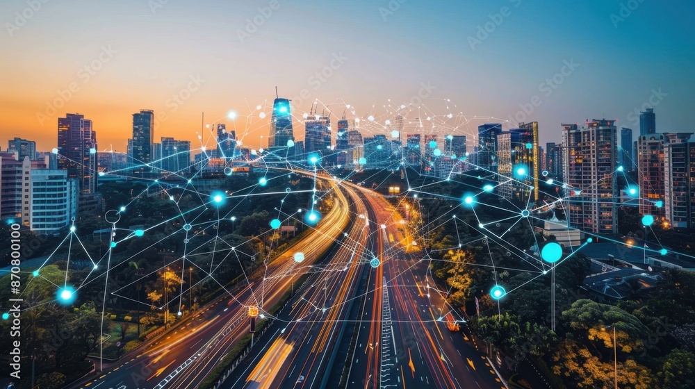 Fototapeta premium a smart city infrastructure with connected technology, showcasing advanced transportation and communication systems in a futuristic urban setting, emphasizing the future of urban living.