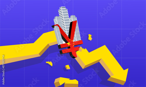 Yuan currency symbol economic decline chart Chinese property sector crisis, financial crisis, China's Real Estate slump, flag of China and stock market down