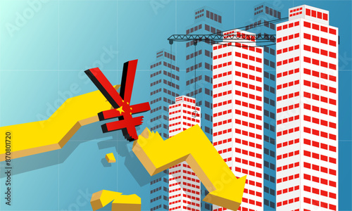 Yuan currency symbol economic decline chart Chinese property sector crisis, financial crisis, China's Real Estate slump, flag of China and stock market down