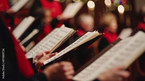 Close up of people choir members holding singing book while performing in a cathedral