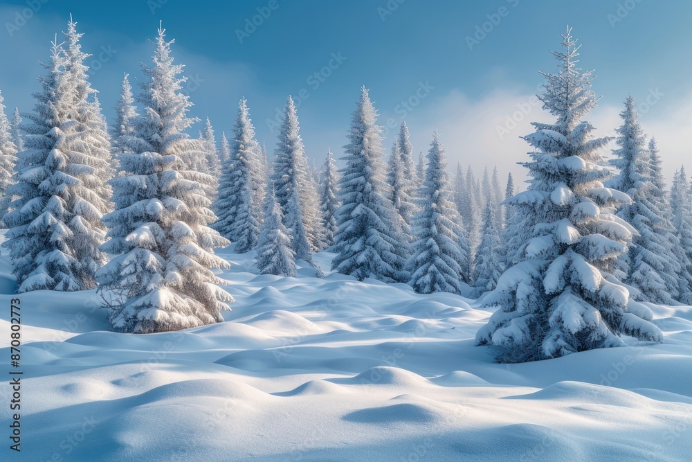 Obraz premium A beautiful snowy forest with towering mountains in the distance