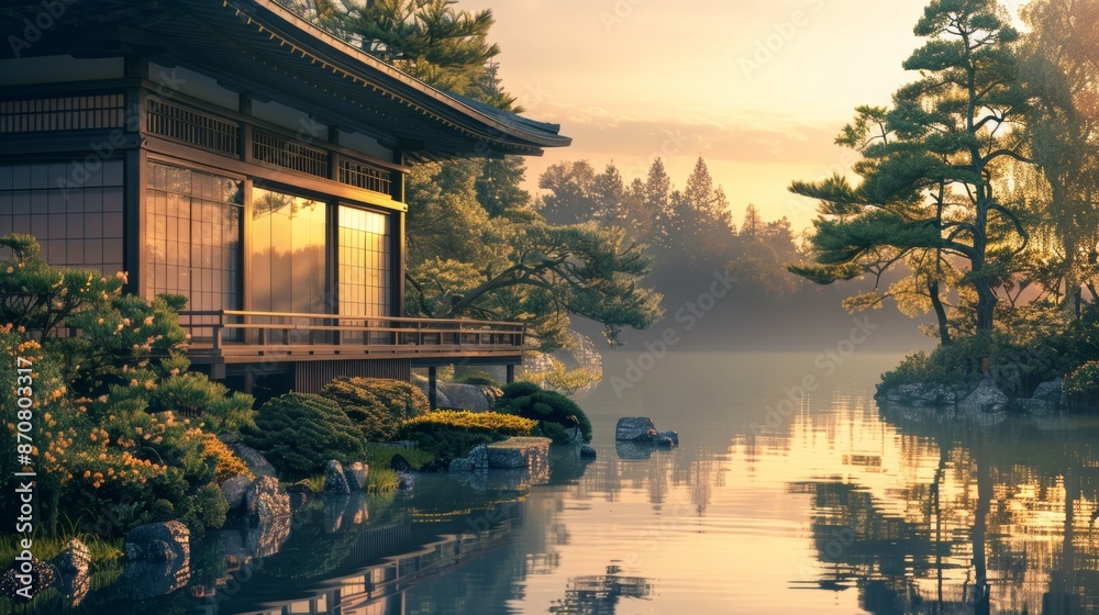 Japanese tea house by a serene lake at sunrise, tranquil scene. Concept of peace and harmony Japanese tea house by a serene lake at sunrise, tranquil scene. Concept of peace and harmony
