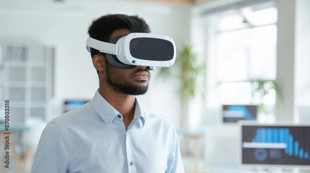 A man wearing a virtual reality headset is looking at a monitor