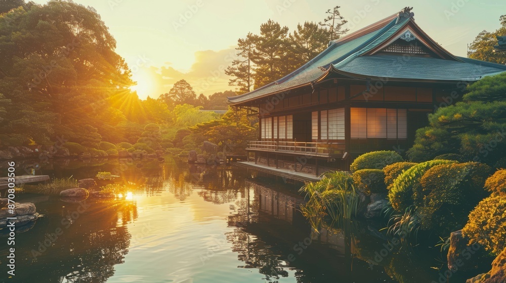 Traditional Japanese house by a serene pond at sunset, scenic view. Tranquility and cultural heritage concept Traditional Japanese house by a serene pond at sunset, scenic view. Tranquility and cultural heritage concept