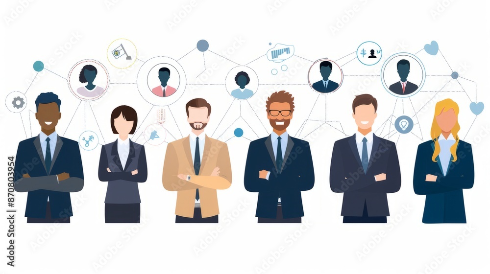 Character illustration of business people with connection icons Character illustration of business people with connection icons