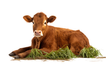 Brown cow relaxing on rice straw Highlight the details of the dense brown fur. Conveys warmth and relaxation, isolated on white background.