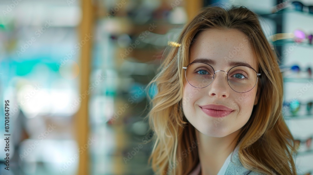 Young Woman with Eyeglasses in Optical Store - Beautiful girl wearing glasses in optician shop