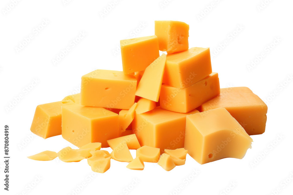 Cheddar cheese pieces isolated on white background It shows a smooth texture, bright yellow color, and a variety of shapes. Cheddar cheese pieces isolated on white background It shows a smooth texture, bright yellow color, and a variety of shapes.