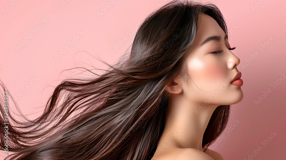 Beautiful Asian Woman with Flowing Shiny Hair on Pink Background Beautiful Asian Woman with Flowing Shiny Hair on Pink Background