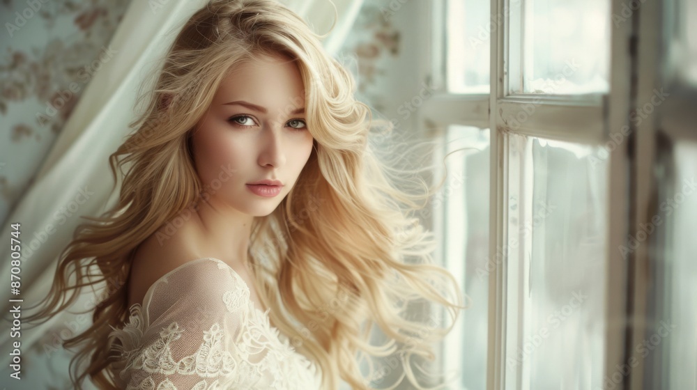 fine art dream beauty girl. Blonde young woman. long flowing hair. fashion model posing in vintage room, white window. fine art dream beauty girl. Blonde young woman. long flowing hair. fashion model posing in vintage room, white window.