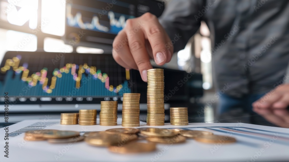 A person is putting coins on top of each other on a table A person is putting coins on top of each other on a table