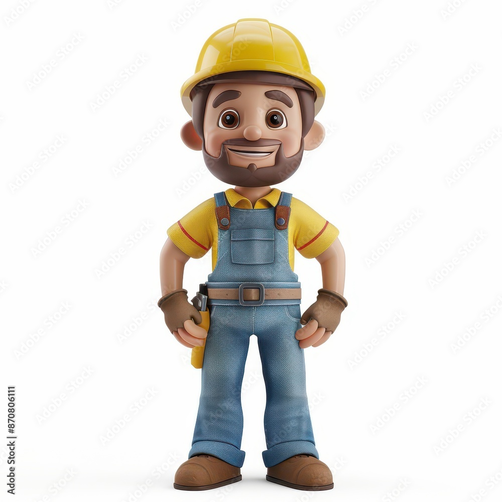 3D cartoon of professional smiling Laborer standing isolated on white background, looking directly at the camera with an attentive expression