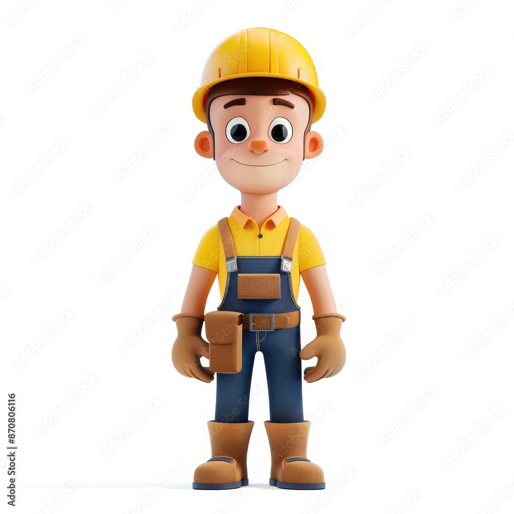 3D cartoon of professional smiling Laborer standing isolated on white background, looking directly at the camera with an attentive expression 3D cartoon of professional smiling Laborer standing isolated on white background, looking directly at the camera with an attentive expression