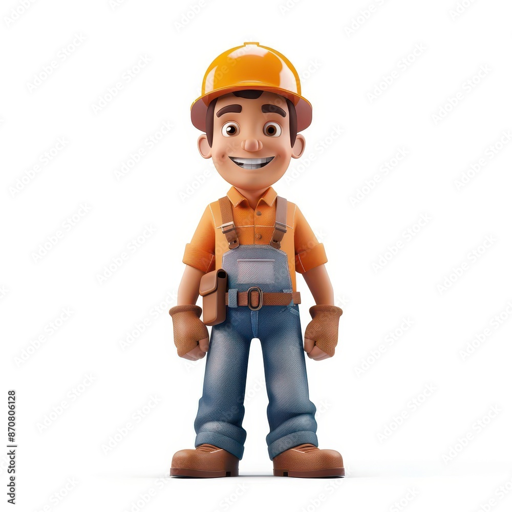 3D cartoon of professional smiling Laborer standing isolated on white background, looking directly at the camera with an attentive expression 3D cartoon of professional smiling Laborer standing isolated on white background, looking directly at the camera with an attentive expression