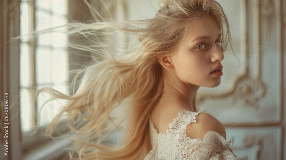 fine art dream beauty girl. Blonde young woman. long flowing hair. fashion model posing in vintage room, white window. fine art dream beauty girl. Blonde young woman. long flowing hair. fashion model posing in vintage room, white window.