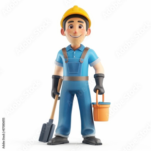 3D cartoon of professional smiling Janitor standing isolated on white background, looking directly at the camera with an attentive expression