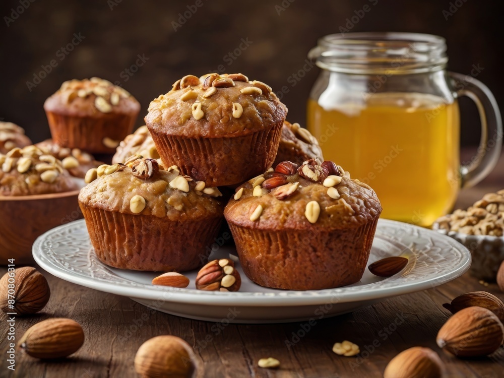 Plate of freshly baked nut muffins with a jar of honey in the background, capturing the warmth of homemade autumn baking. Plate of freshly baked nut muffins with a jar of honey in the background, capturing the warmth of homemade autumn baking.