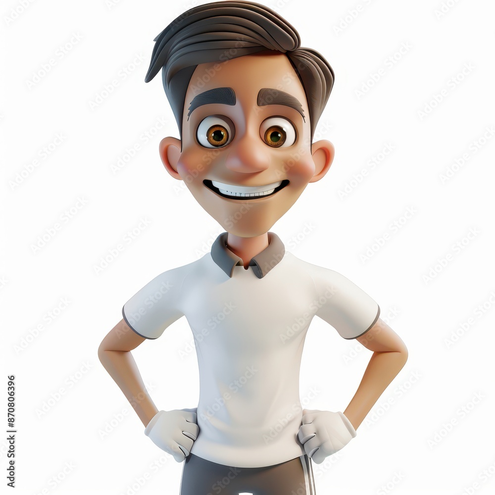3D cartoon of professional smiling soccer player standing isolated on white background, looking directly at the camera with an attentive expression