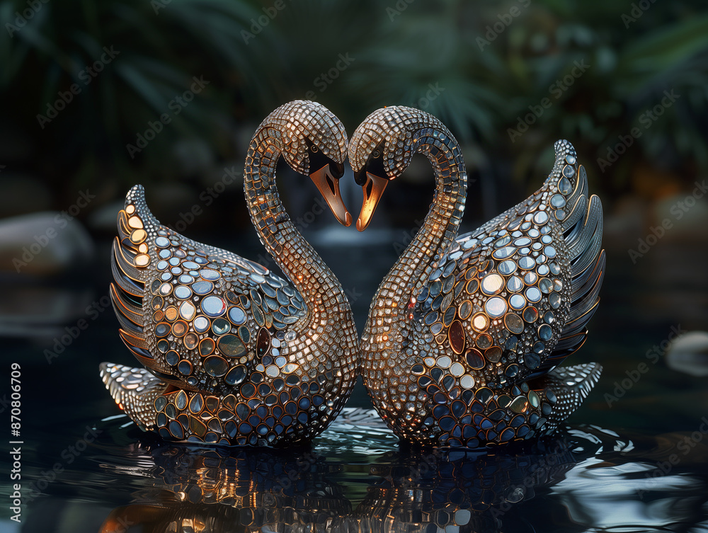 Fototapeta premium Glass swans with water droplets, close-up, reflective surface, swans in water, pair of swans, evening light, glasswork. Valentine’s Day, proposal, lovers, love, greeting card