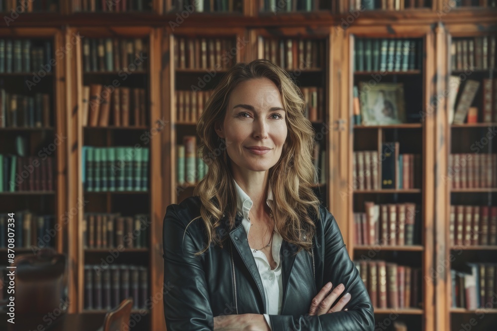 Portrait of a satisfied caucasian woman in her 40s sporting a stylish leather blazer in front of classic library interior Portrait of a satisfied caucasian woman in her 40s sporting a stylish leather blazer in front of classic library interior
