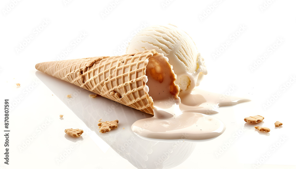 Melting ice cream in wafer cone isolated on white Melting ice cream in wafer cone isolated on white