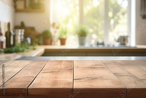 Beautiful wooden table top counter set against a blurred bokeh modern kitchen interior background, for organic product display, Generative AI © ftlupuper