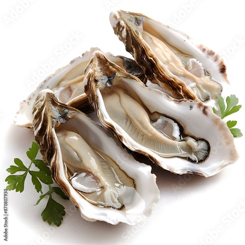 Four opened fresh oysters with parsley photo