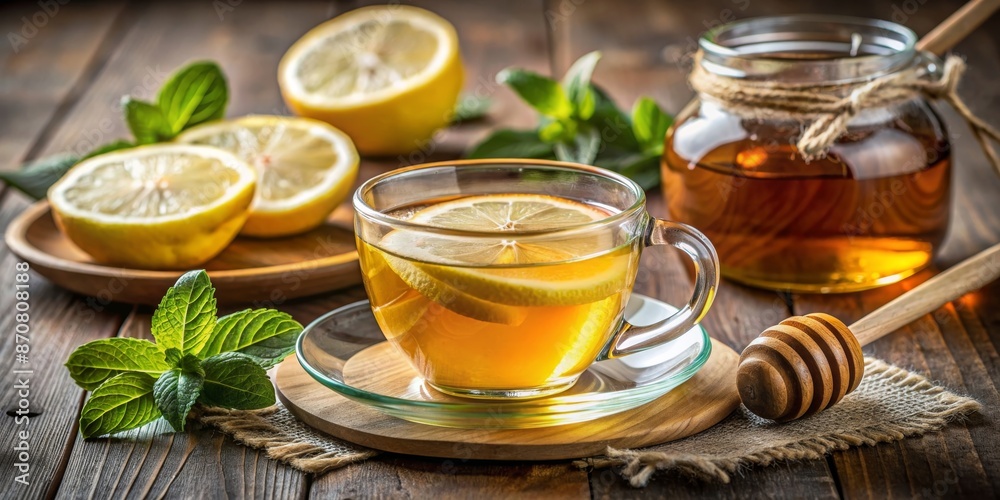 Herbal tea with lemon and honey in a glass cup, accompanied by fresh mint leaves, lemon slices, and a jar of honey on a wooden table. Herbal tea with lemon and honey in a glass cup, accompanied by fresh mint leaves, lemon slices, and a jar of honey on a wooden table.
