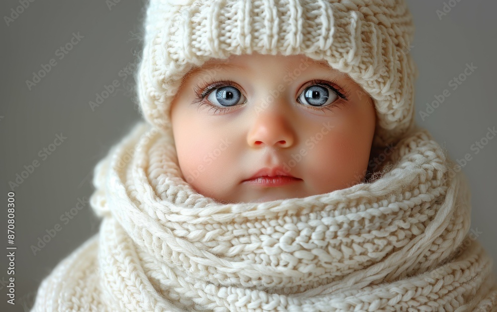 A baby wearing a white hat and a scarf. The baby has blue eyes and a white face A baby wearing a white hat and a scarf. The baby has blue eyes and a white face