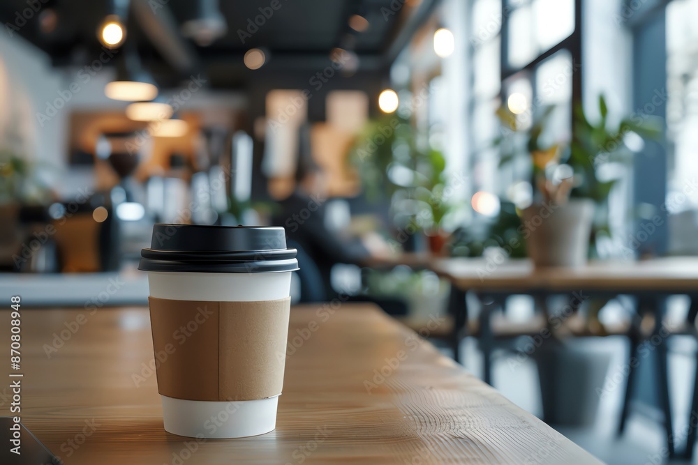 A takeaway coffee cup sits on a wooden table in a cafe, with a blurry background of other tables and customers. A takeaway coffee cup sits on a wooden table in a cafe, with a blurry background of other tables and customers.