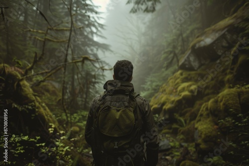 Man With Backpack in Misty Forest.