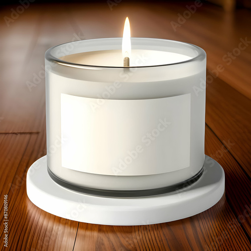 A candle is lit in a glass jar with a white label 