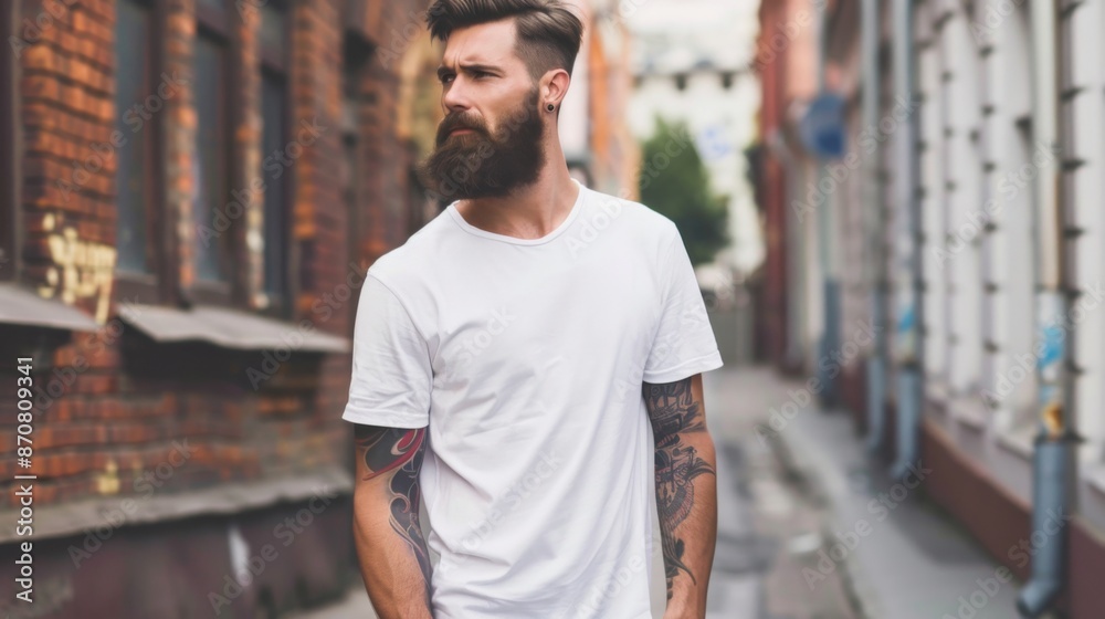 Hipster handsome male model with beard wearing white blank t-shirt with space for your logo or design in casual urban style Hipster handsome male model with beard wearing white blank t-shirt with space for your logo or design in casual urban style