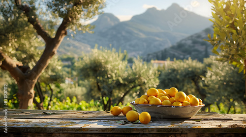 A vibrant scene with fresh lemons in a rustic bowl, set on a sunlit table amidst a lush garden backdrop, showcasing natural colors and a serene outdoor atmosphere