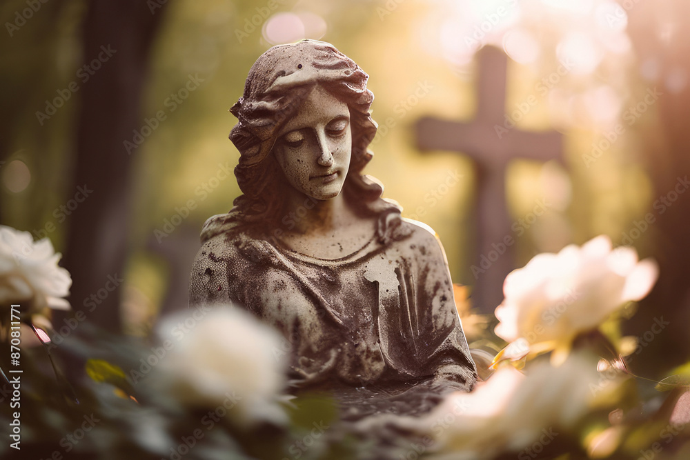 Foggy old cemetery. Marble figure of a beautiful sad angel illuminated by sunset light. Foggy old cemetery. Marble figure of a beautiful sad angel illuminated by sunset light.