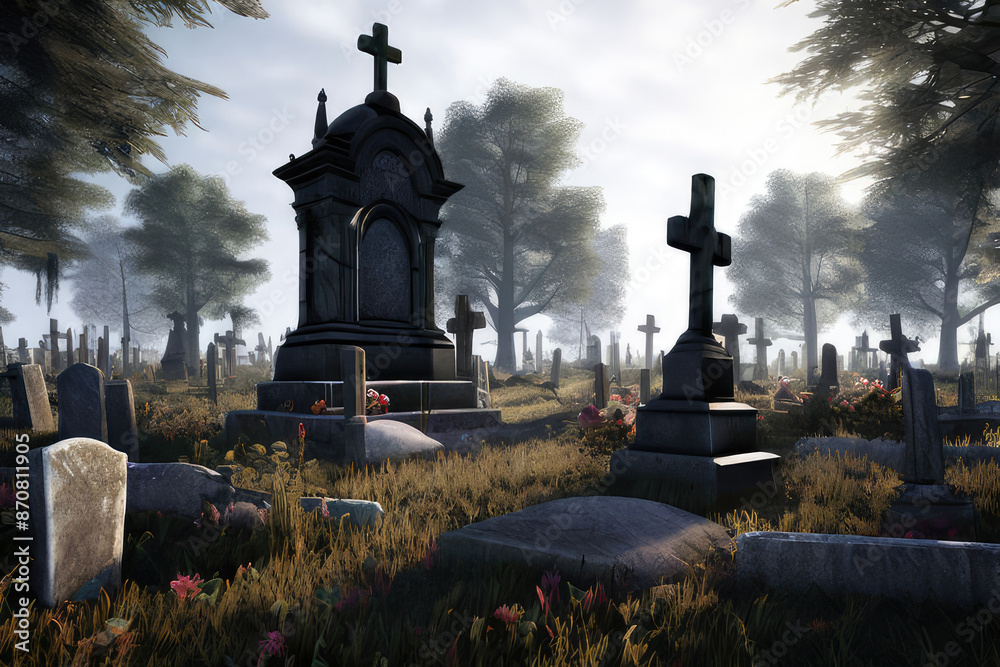 Foggy old cemetery. Crosses and headstones. Foggy old cemetery. Crosses and headstones.