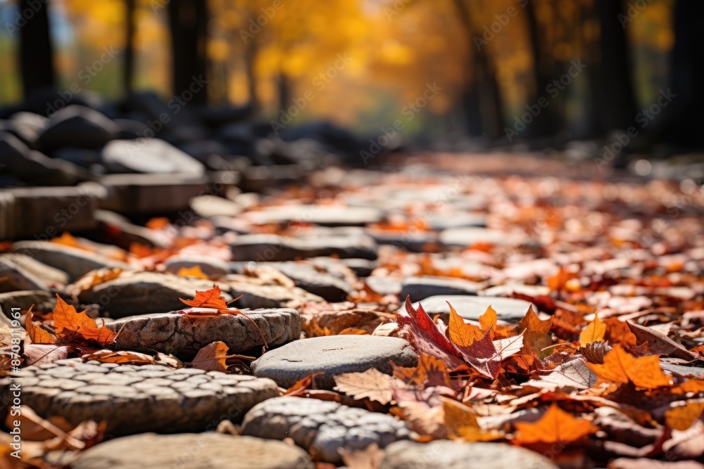 Fall leaves scattered across stone path in park Fall leaves scattered across stone path in park