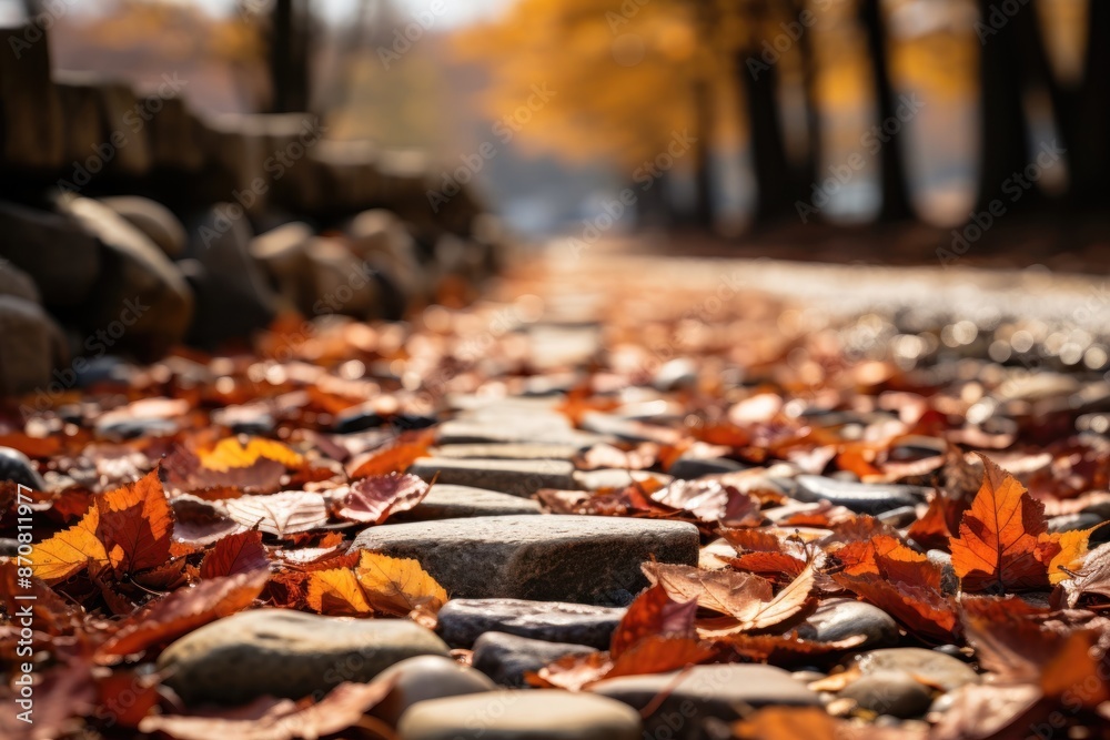 Fall leaves scattered across stone path in park Fall leaves scattered across stone path in park