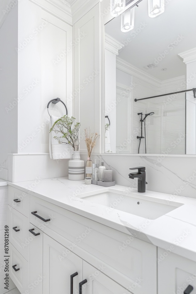 White bathroom with sink and mirror. White bathroom, minimalist. White bathroom with sink and mirror. White bathroom, minimalist.