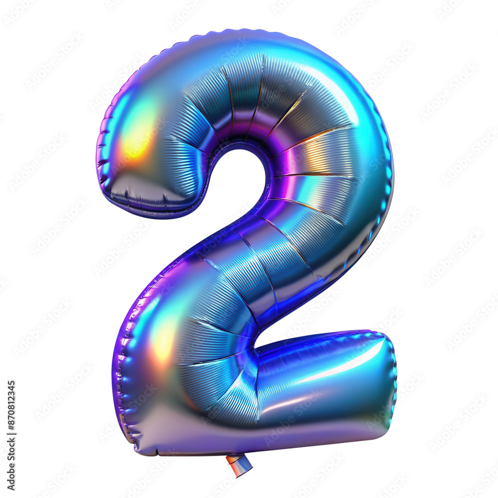 Holographic foil balloon shaped as the number 2. Iridescent colors on a shiny surface, perfect for celebrations, birthdays, and events. Isolated on transparent background Holographic foil balloon shaped as the number 2. Iridescent colors on a shiny surface, perfect for celebrations, birthdays, and events. Isolated on transparent background