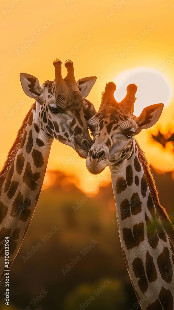 Fototapeta premium Giraffe couple at sunset in African savanna, intimate bonding moment. Wildlife and nature concept