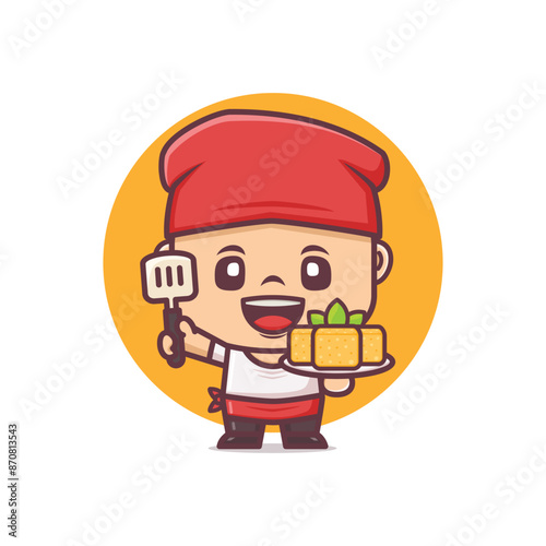 Cute chef cartoon mascot character with tofu dish