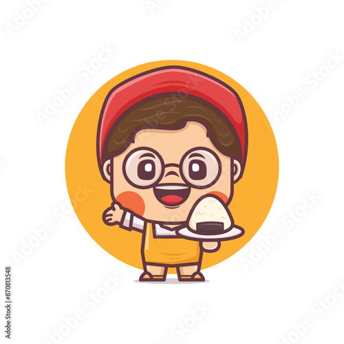 Cute female cartoon mascot character with japanese food onigiri