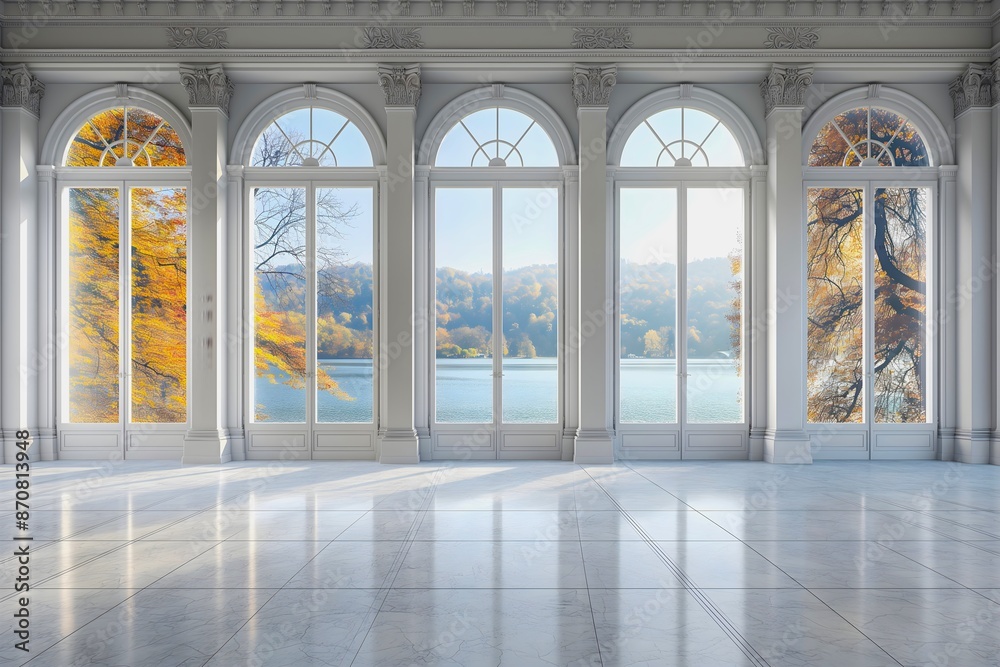 Overlooking Design Backdrop Backdrop of an elegant empty room with marble columns and large windows ...