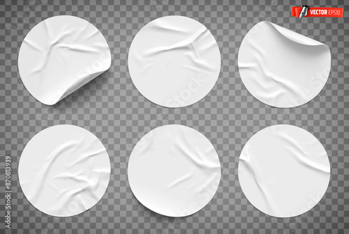 Vector realistic illustration of white round stickers on a transparent background.