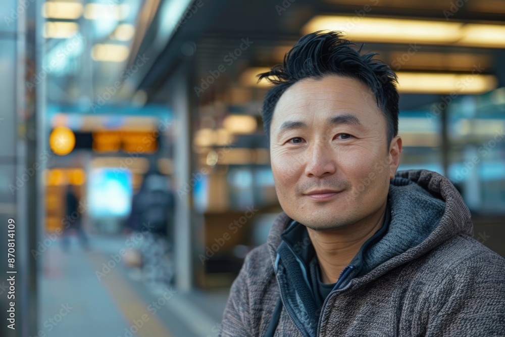Portrait of a content asian man in his 30s dressed in a comfy fleece pullover while standing against modern city train station Portrait of a content asian man in his 30s dressed in a comfy fleece pullover while standing against modern city train station