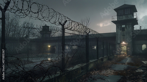 Outside The Barbed Wire Fence Of A Prison or Jail
