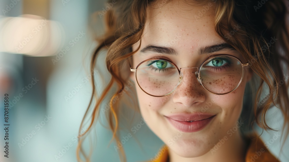 A close-up portrait of a young woman wearing round glasses