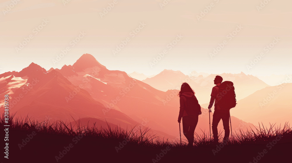 Young couple hiking in the mountains with space for text, great for banners. Young couple hiking in the mountains with space for text, great for banners.