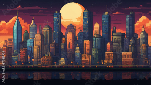 Pixel 8 bit game level design art, modern city with buildings panorama
